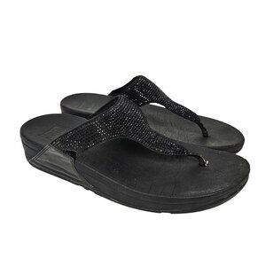 FitFlop LULU Crystal Toe-Post Platform Thong Comfort Sandal All Black 8 EJ8-090